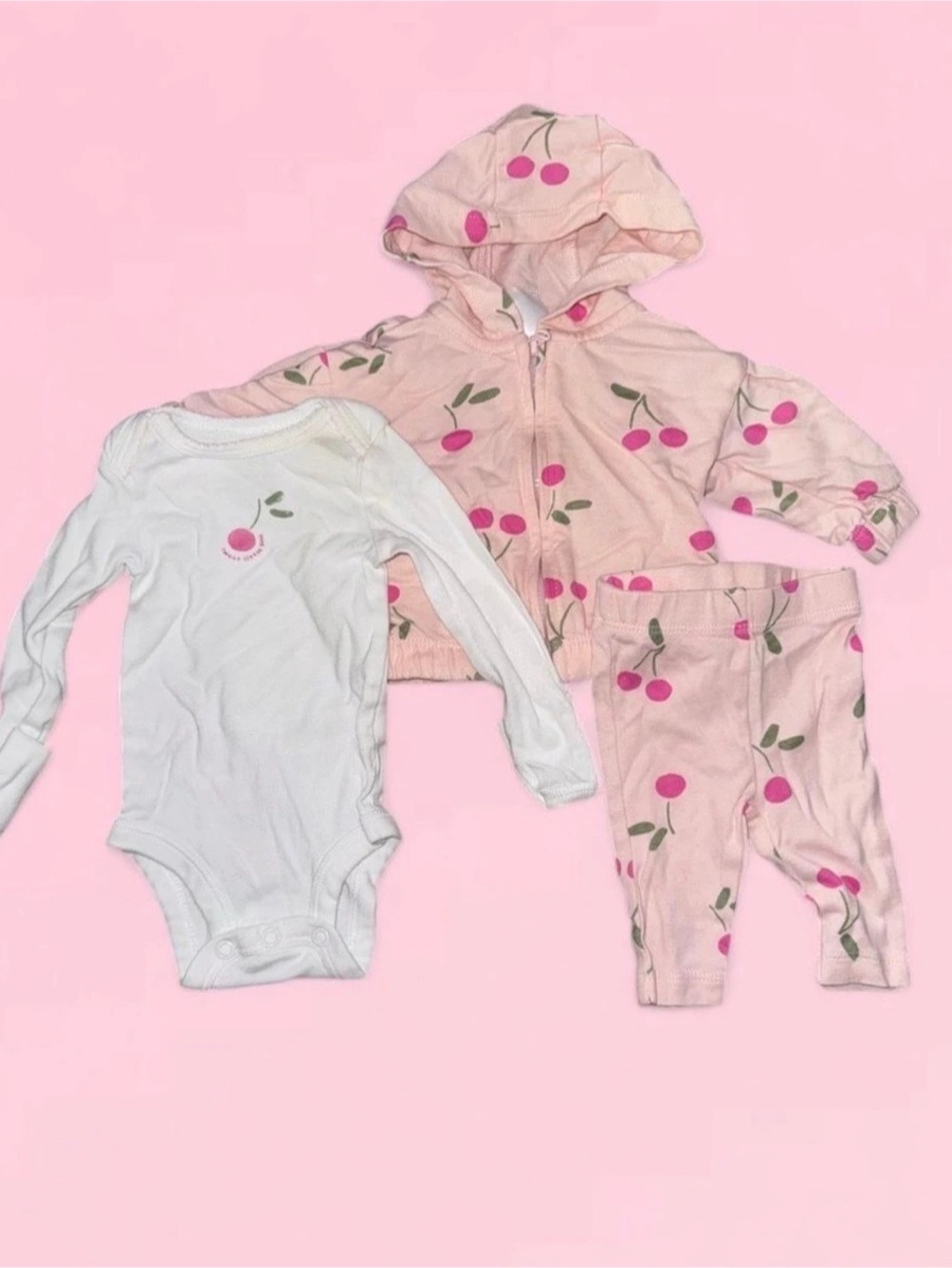 Carter's Baby Girl 3-Piece Cherry Sweatshirt, Bodysuit, and Pants Set Pink &